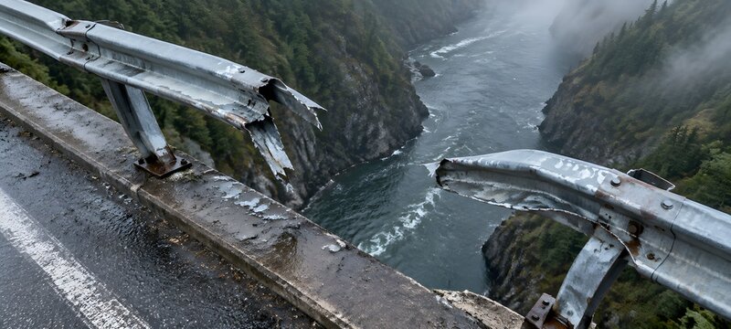 Bent steel bridge guardrail above a river gorge with a torn gap and twisted posts