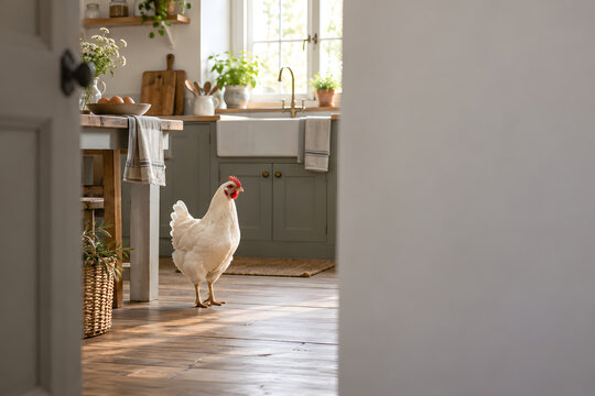 White chicken standing in a rustic farmhouse kitchen, viewed through a partially open doorway with soft natural light and generous copy space for advertising and lifestyle concepts.