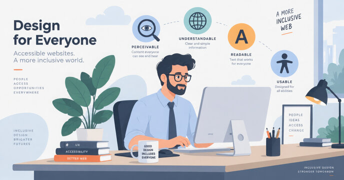 Web accessibility Tiny illustrated, a designer reviews a monitor with magnifying glass and accessibility icon, conveying inclusive UX and readable content, transparent background