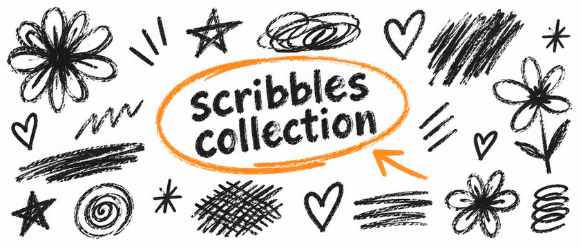 Crayon drawn underlines, messy scribbles and scrawls, flower shapes and oval for hand drawn notes and diary design. Doodle scribble highlight underlines. Messy scribble strokes and lines.