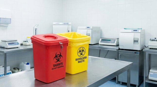 Red and yellow biohazard waste containers placed on a stainless steel table in a sterile laboratory