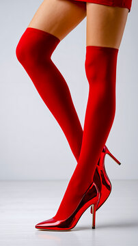 A pair of red knee-high socks and high-heeled shoes
