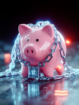 A pink ceramic piggy bank is tightly wrapped in shiny metal chains and secured with a digital padlock, symbolizing financial security and frozen assets.