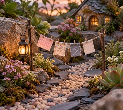 A fairy garden with a miniature clothesline of tiny cloth squares on jute cord stretched between two twig posts