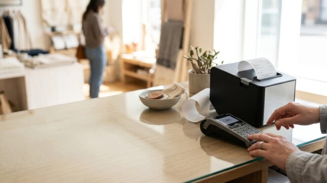 Customer paying with credit card at POS terminal in a bright, modern retail store with receipt printing