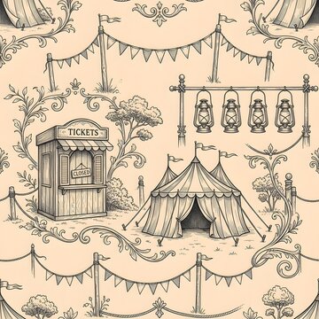Vintage fairground scene wallpaper featuring circus tent ticket booth and lanterns drawings.