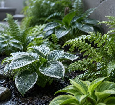 Heavy raindrops clinging to the leaves of miniature hostas and ferns in a sheltered courtyard bed with dark wet soil