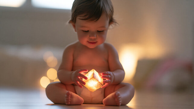 Cute Baby Sitting and Holding Glowing Light Cube