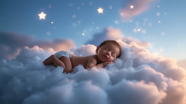 Newborn Baby Sleeping Peacefully on Soft Cloud Among Stars