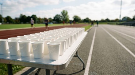 Fototapeta premium Rows of disposable water cups lined up on a table beside a running track, ready for athletes, with ample copy space