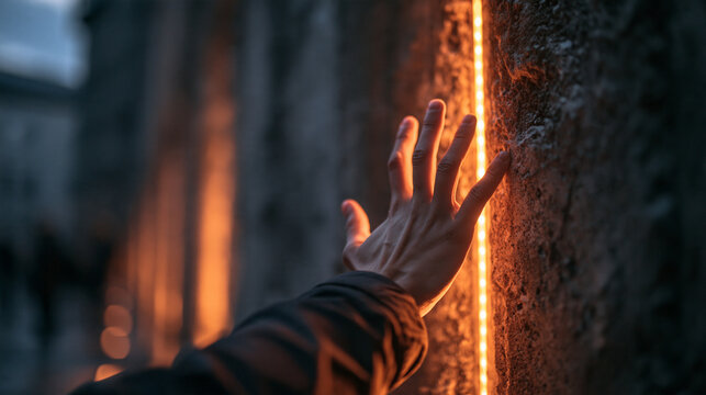 Hand Touching Glowing Vertical Light on Stone Wall