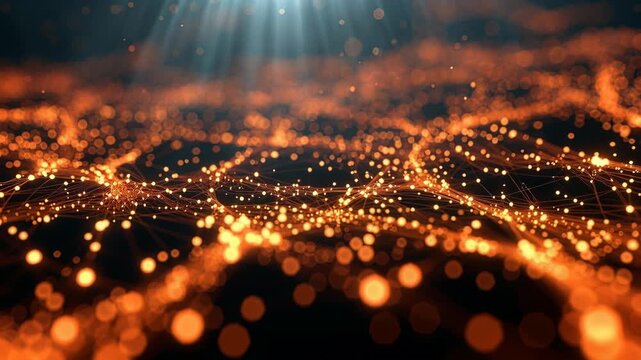 Orange light trails and connected points form an abstract photographic network on a dark background, evoking digital connection
