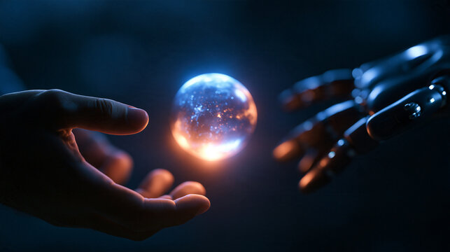 Human and Robotic Hands Reaching for Glowing Energy Sphere