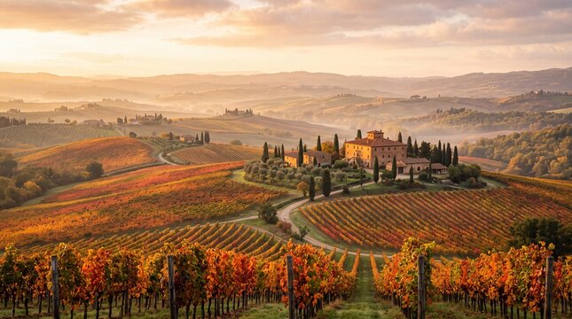 Tuscan Vineyard and Villa at Sunrise in Autumn