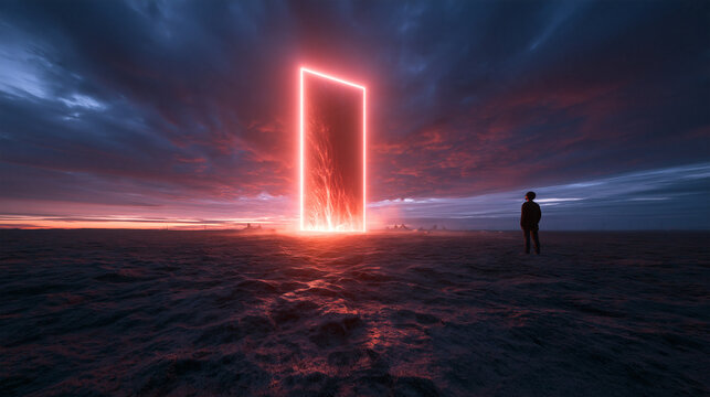 Glowing Futuristic Portal in Dramatic Landscape at Twilight