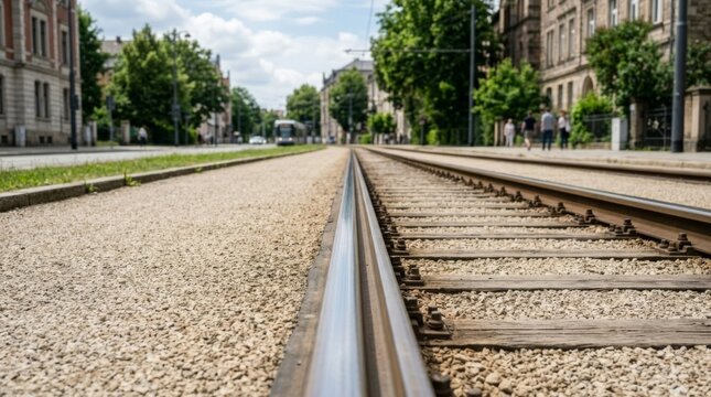 Tram Tracks in Urban Setting with Copy Space for Advertising