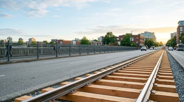 New railway tracks and wooden ties alongside a city road with buildings and cars, offering copy space