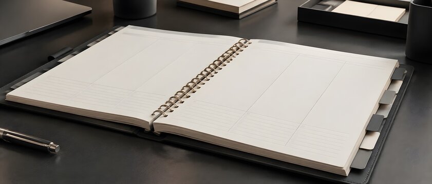 Large desk planner lying open to a blank two page spread with a tabbed index along its side on a charcoal surface in a modern office