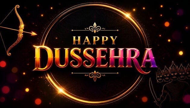 Happy dussehra celebration banner with glowing golden typography and circular frame dussehra
