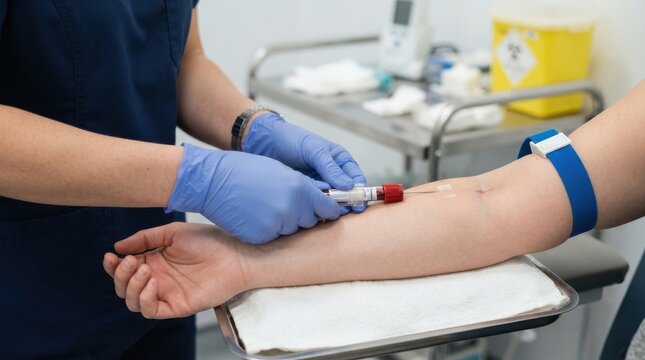 A professional nurse performing a venipuncture blood draw on a patient arm in a clinical laboratory.