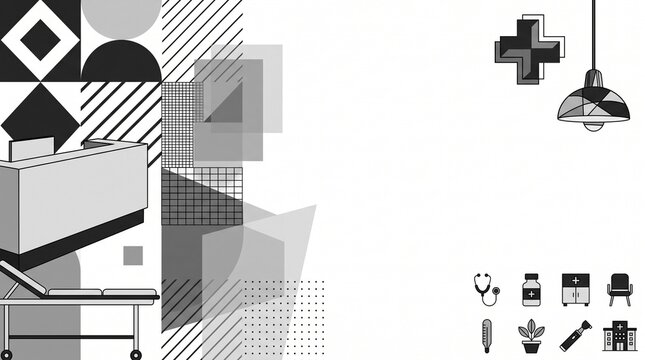 Minimalist medical background featuring hospital reception desk and abstract geometric art.