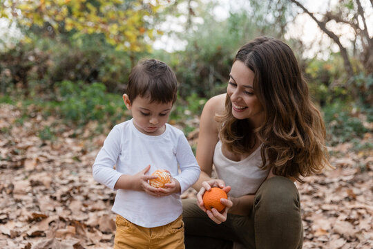 Mother and son eating tangerines in autumn forest