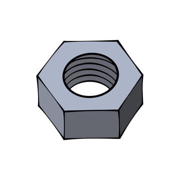 Detailed isometric vector illustration of a metallic industrial hexagon screw nut isolated on a clean transparent background