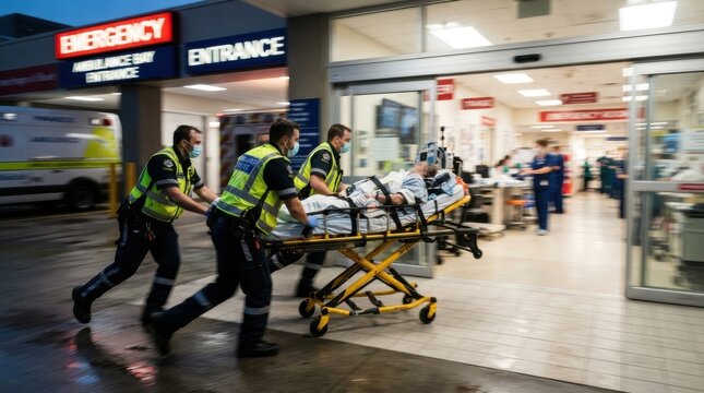 paramedics rushing a patient on a stretcher through the emergency room entrance of a hospital at nig