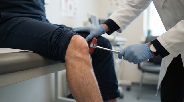 a professional doctor in a lab coat performing a knee reflex test on a patient in a medical clinic r