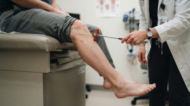A physician performing a medical reflex test on a patient knee using a reflex hammer in a clinic roo