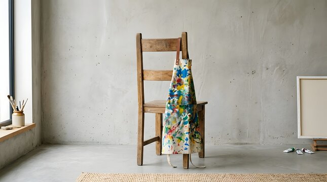 Paint splattered apron hanging on a wooden chair in an artist studio