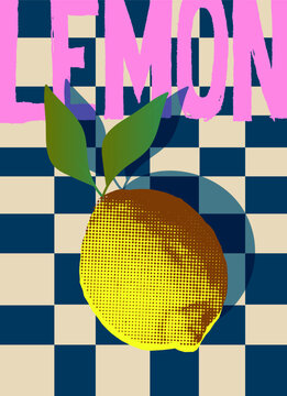 Fresh yellow lemon on a checkered tablecloth. Vector illustration ideal for posters, cards, and fabric printing.