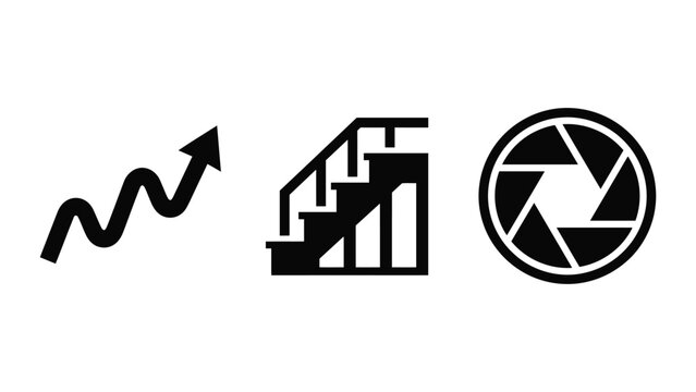 Growth trend arrow staircase symbol and camera lens aperture icon with stairs icon upward trend camera shutt