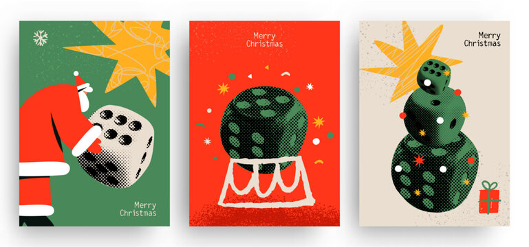 Christmas poster set with dice tree pine and Santa in halftone collage texture, vector illustration.