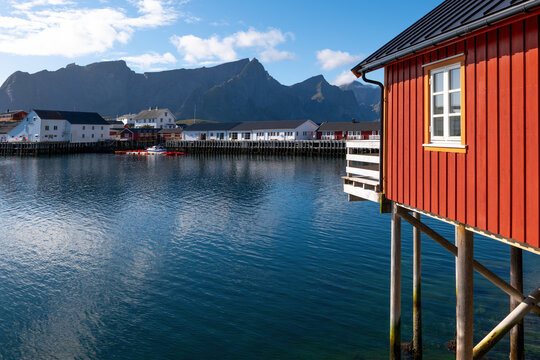 Traditional fjord scenery in the village of Hamnoy on the Lofoten Islands, Norway