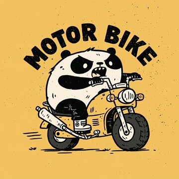 Cartoon panda riding a yellow motorcycle with vintage style typography on a textured background
