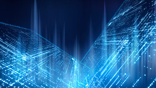 Abstract digital background with blue data matrix grid room and glowing tech lines 3d render