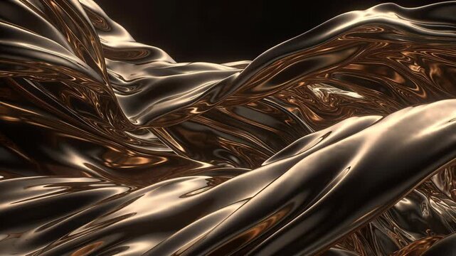 Glossy bronze metallic waves form an abstract flowing pattern on a dark background, evoking luxury, motion, and elegance