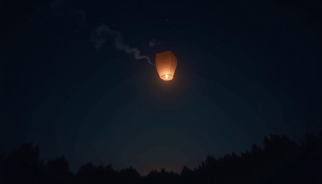 Glowing paper lantern rising alone into a starry indigo sky