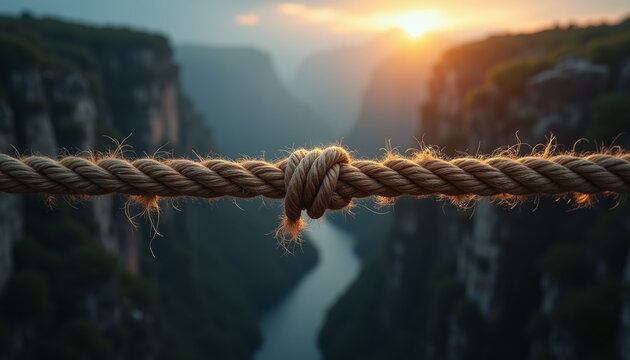 Frayed rope stretched taut across a deep chasm at sunrise