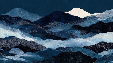 Fototapeta premium Layered abstract landscape in dark blue, filled with traditional Japanese geometric patterns