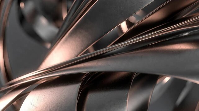 Abstract metallic curves with rose gold highlights in dark glossy background, conveying luxury, motion, depth, and modern design