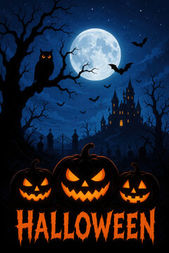 Happy halloween banner or party invitation background with violet fog clouds and pumpkins