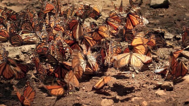 Large colony of monarch butterflies gathering on the ground in a natural forest habitat