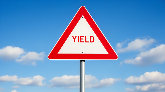 Yield Traffic Sign Isolated Against Partly Cloudy Sky
