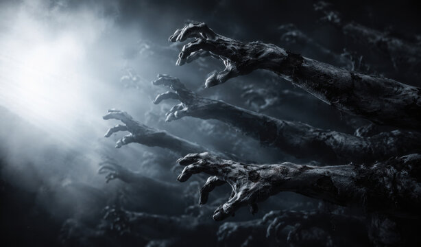 Zombie hands rising in dark Halloween night.