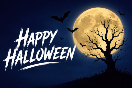 Happy halloween banner or party invitation background with violet fog clouds and bats