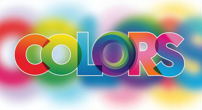 Colors word typographic text design with colorful overlapping letters and vibrant blurred bokeh circle background