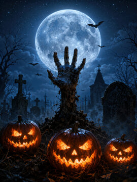 Zombie hands rising in dark Halloween night.