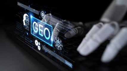 Fototapeta premium Digital marketing concept featuring GEO strategy. Generative AI search visual shows GEO interface integrating intelligence, logic, and AI input system for prompt tasks. Corpus